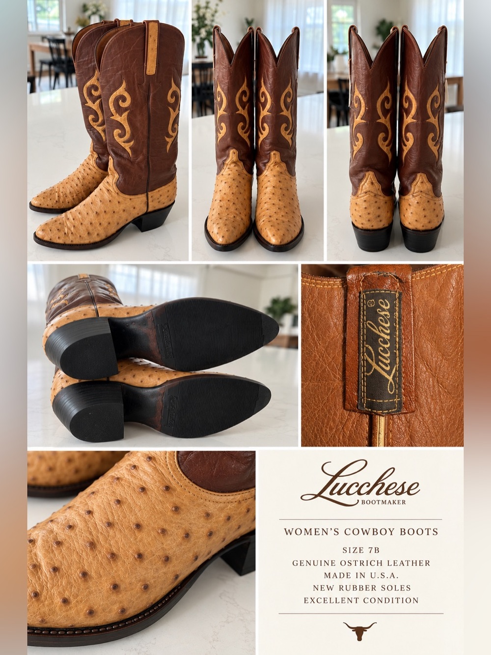 Women’s Lucchese Brown and Tan Ostrich Leather Cowboy Boots Size 7B